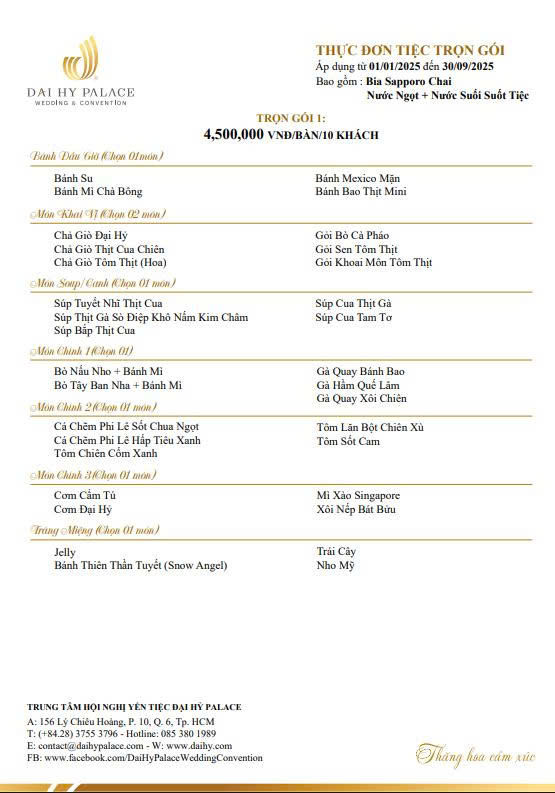 Thực Đơn Trọn Gói Tại Nhà Hàng Tiệc Cưới Đại Hỷ Palace